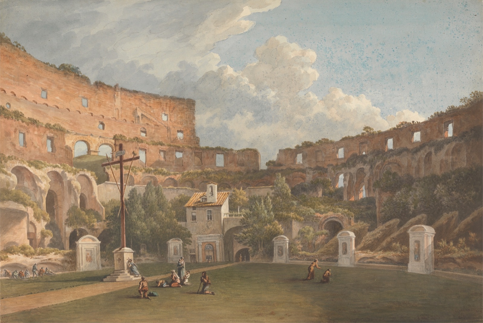 A peaceful Italian landscape painting from the 19th century, featuring rolling hills, a small village, and distant mountains under a soft sky.
