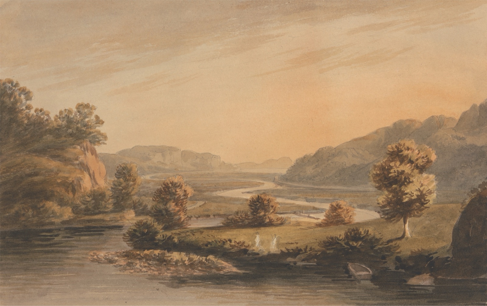 A serene 19th-century oil painting depicting a winding path through a sun-dappled forest, with distant mountains under a soft blue sky.