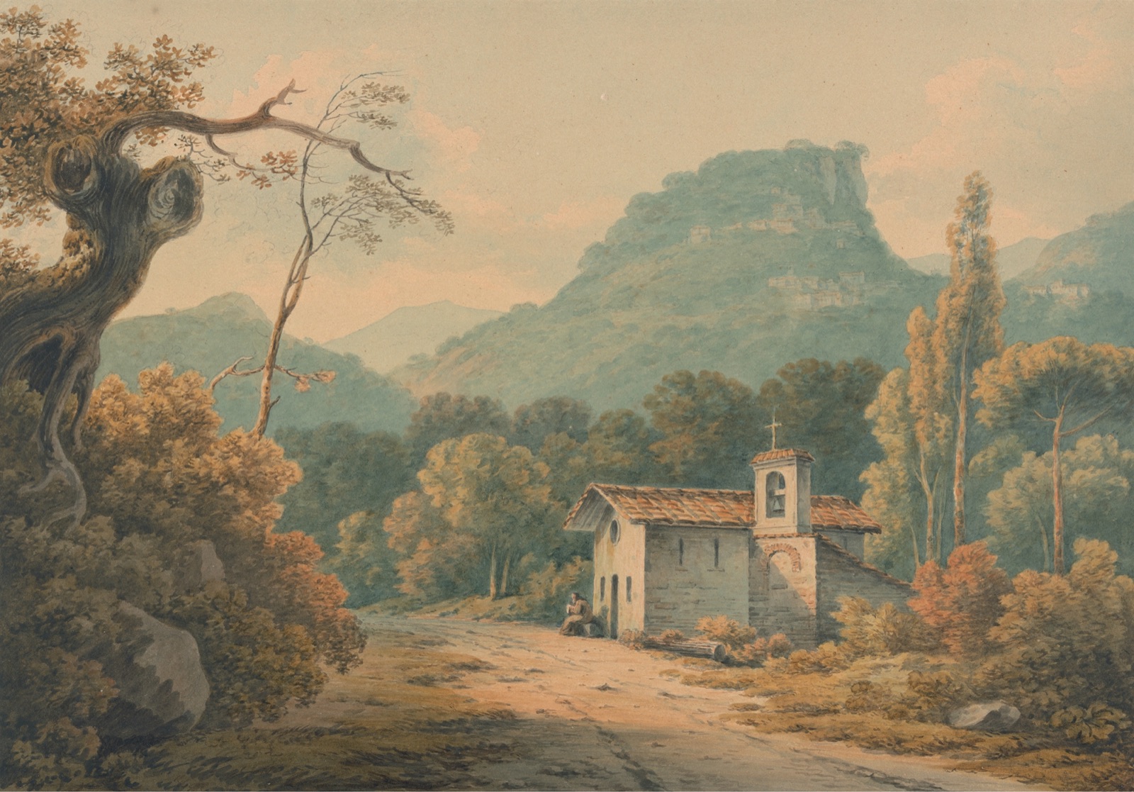 A 19th-century painting depicting a quiet Roman street scene with a few figures walking past ancient ruins and sun-drenched buildings.